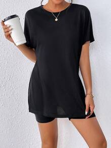 SHEIN Frenchy Solid Split Hem Tee & Cycling Shorts - Black - View 5