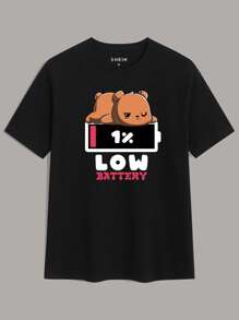 Hombres Camiseta con estampado de dibujos animados y letra - Negro - Ver 1