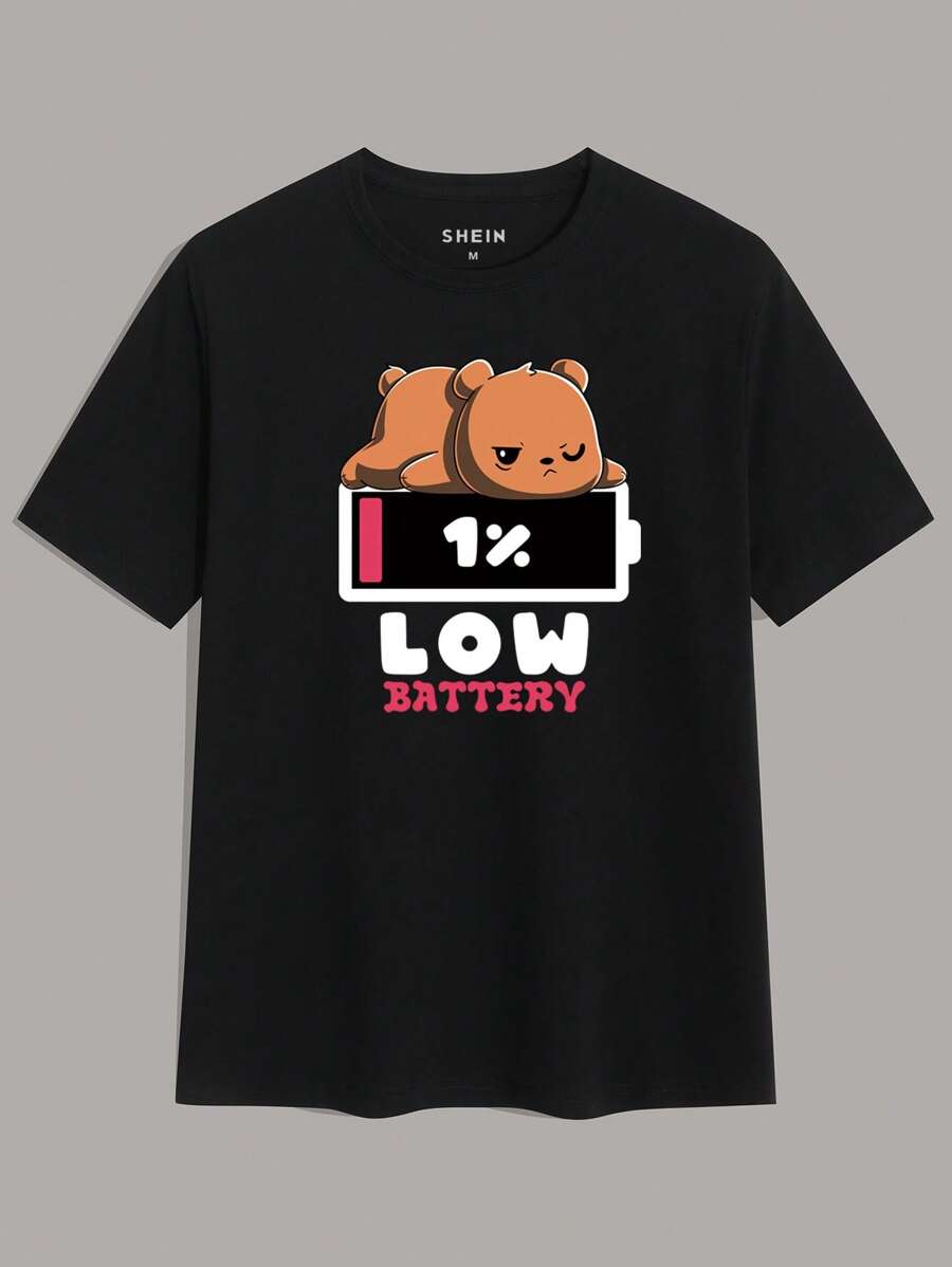 Hombres Camiseta con estampado de dibujos animados y letra - Negro - Ver 1