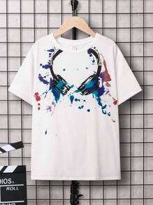 SHEIN 男孩耳機圖形T恤 - 白色 - 查看 1