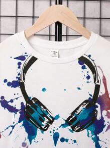 SHEIN 男孩耳機圖形T恤 - 白色 - 查看 3