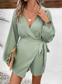 SHEIN Frenchy Tutina manica a lanterna contorto nodo laterale - Verde - Visualizzare 1