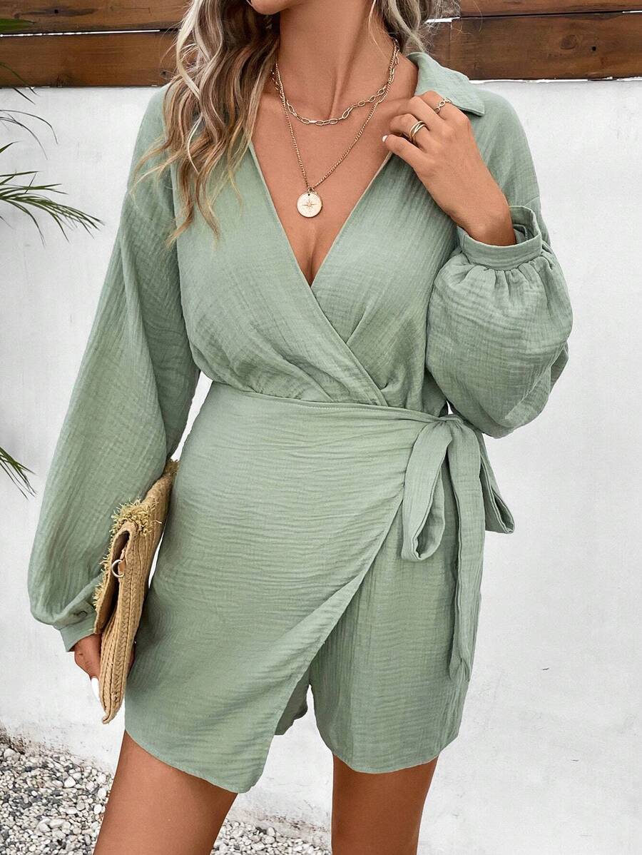 SHEIN Frenchy Tutina manica a lanterna contorto nodo laterale - Verde - Visualizzare 1