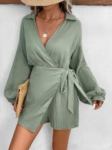 SHEIN Frenchy Tutina manica a lanterna contorto nodo laterale - Verde - Visualizzare 4