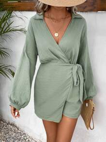 SHEIN Frenchy Tutina manica a lanterna contorto nodo laterale - Verde - Visualizzare 6