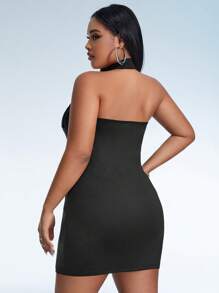SHEIN ICON 大碼前鏤空繞頸露背緊身洋裝 - 黑色 - 查看 2