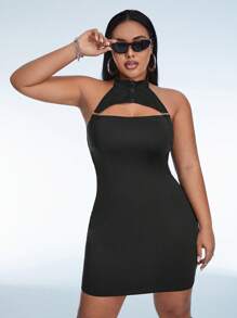 SHEIN ICON 大碼前鏤空繞頸露背緊身洋裝 - 黑色 - 查看 4