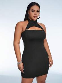 SHEIN ICON 大碼前鏤空繞頸露背緊身洋裝 - 黑色 - 查看 5