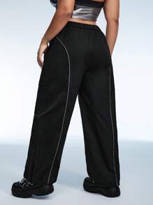 SHEIN ICON Plus Reflective Tape Flap Pocket Side Cargo Pants - Black - View 2