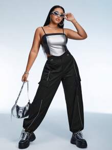 SHEIN ICON Plus Reflective Tape Flap Pocket Side Cargo Pants - Black - View 3