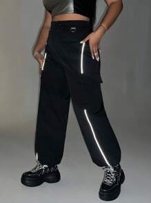 SHEIN ICON Plus Reflective Tape Flap Pocket Side Cargo Pants - Black - View 4
