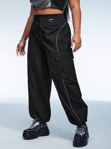 SHEIN ICON Plus Reflective Tape Flap Pocket Side Cargo Pants - Black - View 6