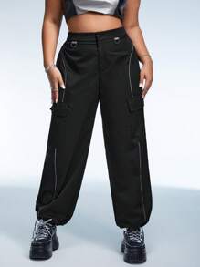 SHEIN ICON Plus Reflective Tape Flap Pocket Side Cargo Pants - Black - View 7