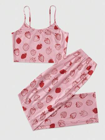 Kawaii Strawberry Print Cami Top & Pants PJ Set