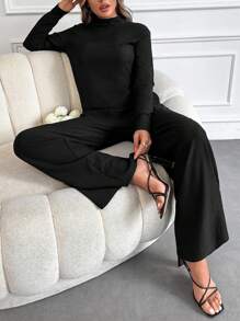 EURMUSE Mock Neck Tee & Wide Leg Pants