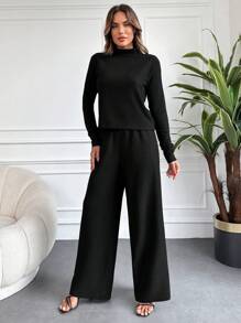 EURMUSE Mock Neck Tee & Wide Leg Pants