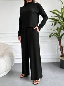 EURMUSE Mock Neck Tee & Wide Leg Pants