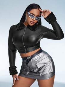 SHEIN ICON 大碼羊絨領口拉鏈開襟短款PU皮革夾克 - 黑色 - 查看 6