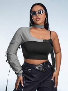 SHEIN ICON 大碼雙色不對稱領短款上衣 - 彩色 - 查看 1