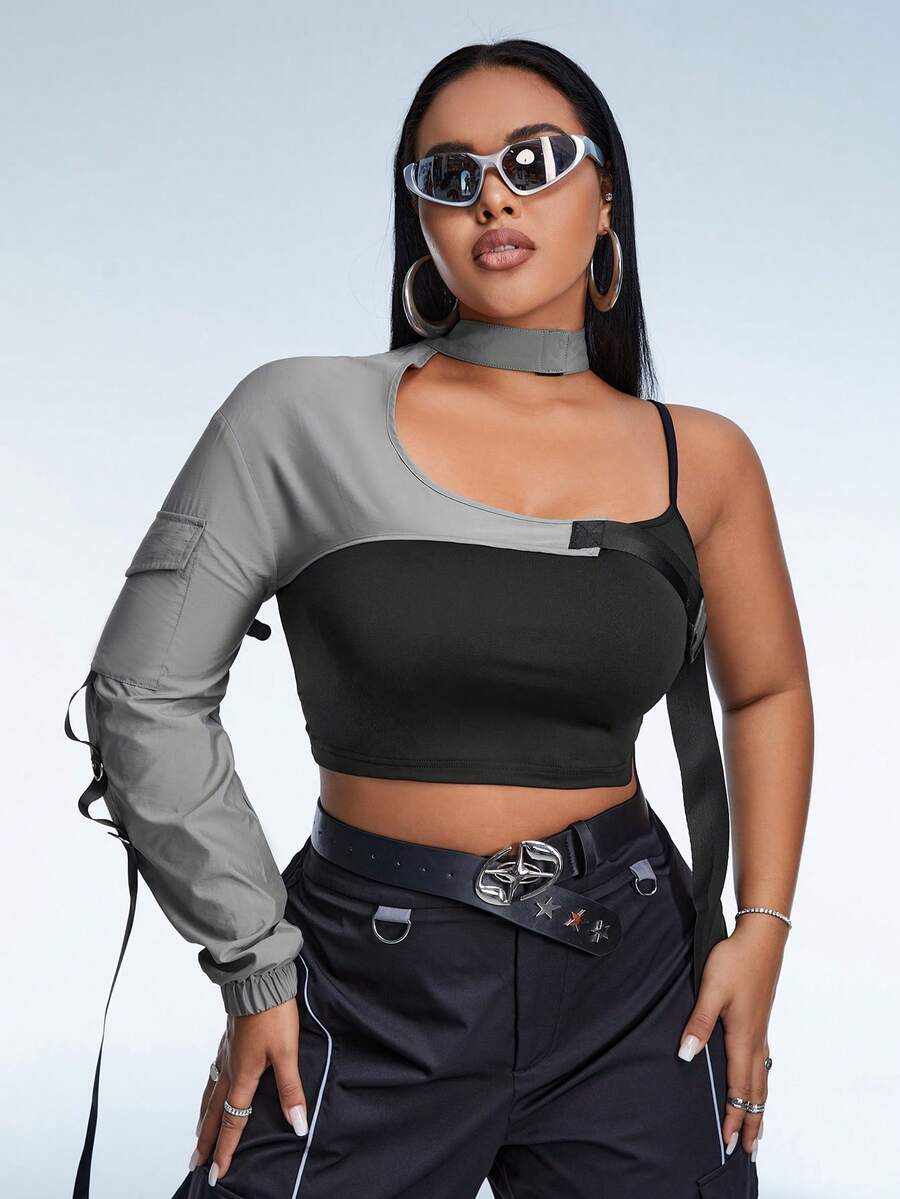 SHEIN ICON 大碼雙色不對稱領短款上衣 - 彩色 - 查看 1