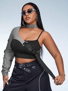 SHEIN ICON 大碼雙色不對稱領短款上衣 - 彩色 - 查看 6