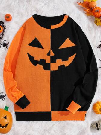 Manfinity RebelGame Suéter de dos tonos con estampado de Halloween para hombres, para otoño e invierno