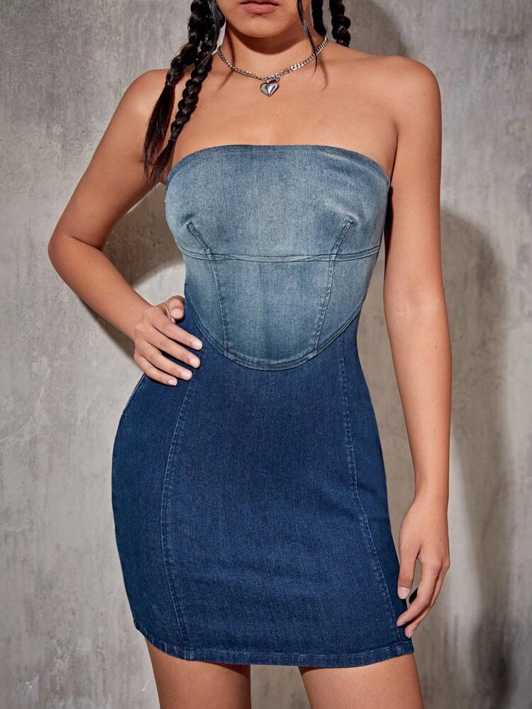 Colorblock Tube Denim Dress