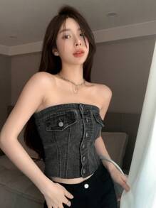 DAZY 纯色纽扣前开襟露脐牛仔抹胸节日上衣 - 深灰色 - 查看 1