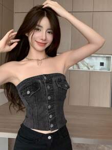 DAZY 纯色纽扣前开襟露脐牛仔抹胸节日上衣 - 深灰色 - 查看 3