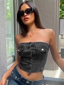 DAZY 纯色纽扣前开襟露脐牛仔抹胸节日上衣 - 深灰色 - 查看 4