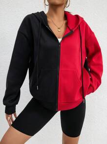 SHEIN EZwear Two Tone Zip Up Drop Shoulder Drawstring Thermal Lined Hoodie - Black - View 1