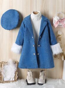 SHEIN Young Girl 1pc Lapel Neck Fuzzy Cuff Overcoat & 1pc Hat - Blue - View 1