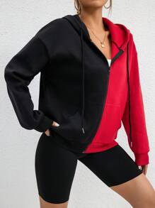 SHEIN EZwear Two Tone Zip Up Drop Shoulder Drawstring Thermal Lined Hoodie - Black - View 4