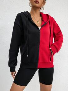 SHEIN EZwear Two Tone Zip Up Drop Shoulder Drawstring Thermal Lined Hoodie - Black - View 6