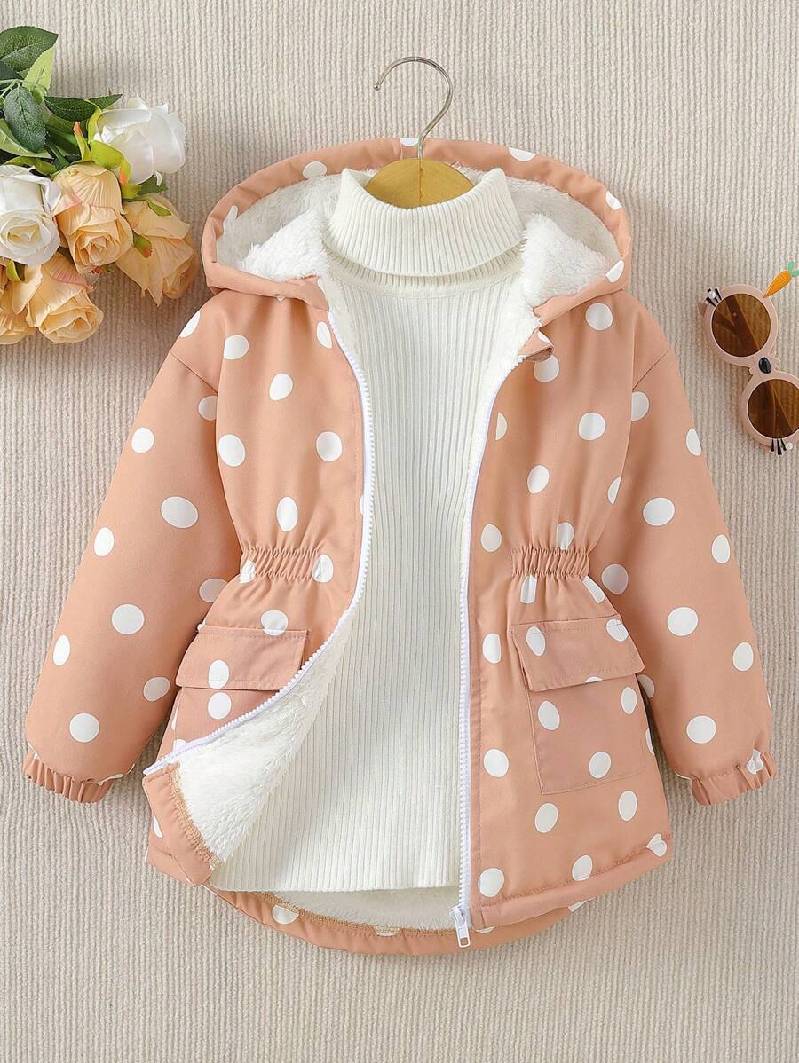 SHEIN 年轻女孩单件波尔卡圆点印花保暖内衬连帽棉衣 - 珊瑚粉 - 查看 1