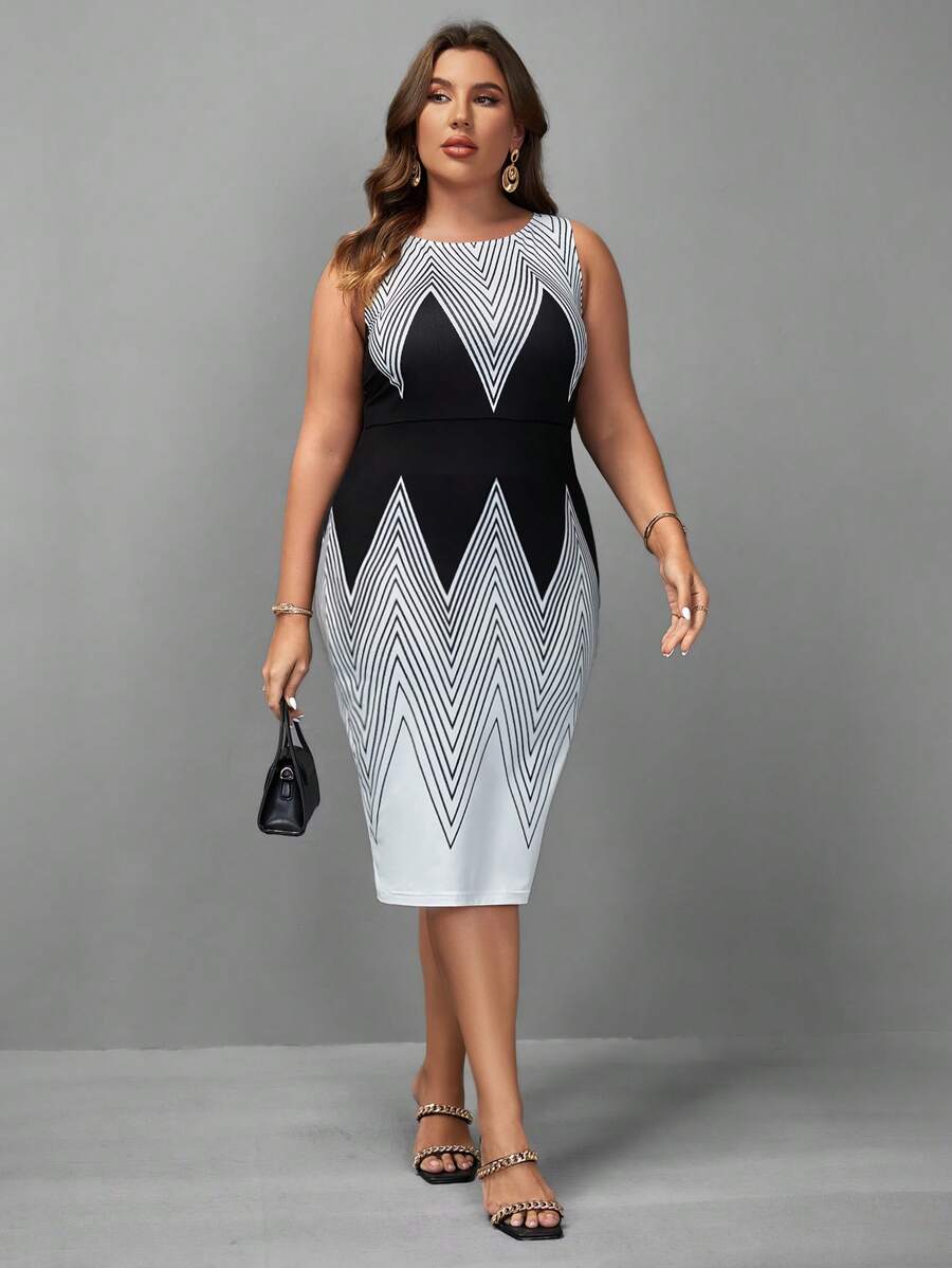 SHEIN Clasi 大碼優雅V型印花連衣裙 - 黑與白 - 查看 1