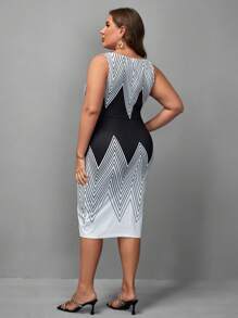 SHEIN Clasi 大碼優雅V型印花連衣裙 - 黑與白 - 查看 2