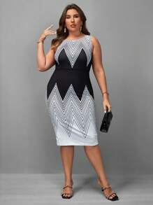 SHEIN Clasi 大碼優雅V型印花連衣裙 - 黑與白 - 查看 4