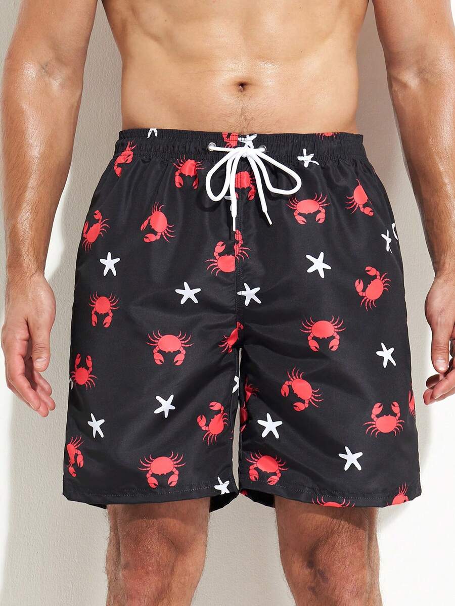 Men Star & Skull Print Drawstring Waist Swim Trunks - Black - View 1