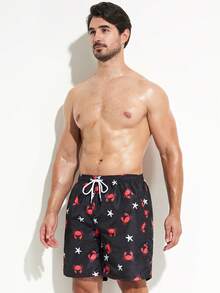 Men Star & Skull Print Drawstring Waist Swim Trunks - Black - View 3