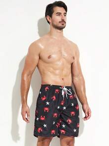 Men Star & Skull Print Drawstring Waist Swim Trunks - Black - View 4