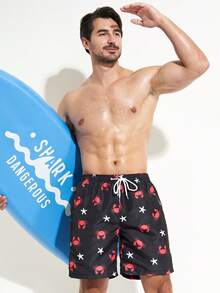 Men Star & Skull Print Drawstring Waist Swim Trunks - Black - View 5