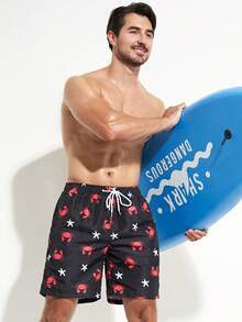 Men Star & Skull Print Drawstring Waist Swim Trunks - Black - View 6