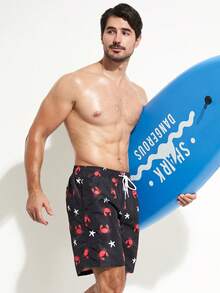 Men Star & Skull Print Drawstring Waist Swim Trunks - Black - View 7