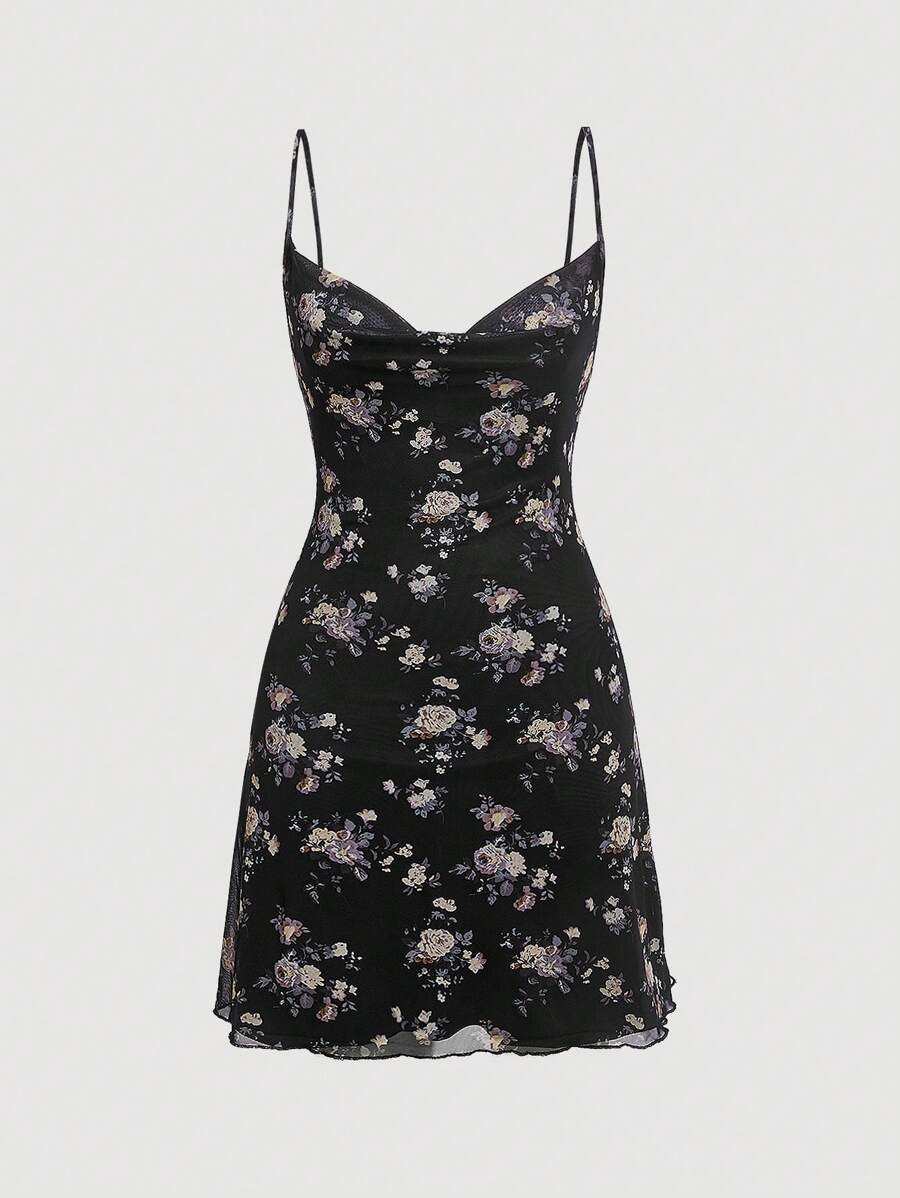 SHEIN MOD Floral Print Cami Black Swing Collar Mesh Print Dress - Black - View 1