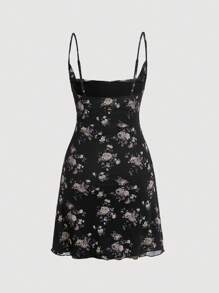 SHEIN MOD Floral Print Cami Black Swing Collar Mesh Print Dress - Black - View 2