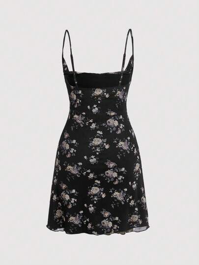 SHEIN MOD 꽃무늬 캐미 블랙 스윙 칼라 메쉬 프린트 드레스