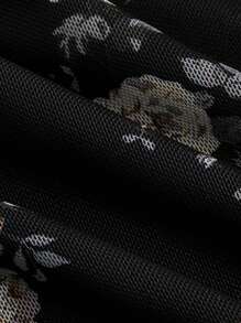 SHEIN MOD Floral Print Cami Black Swing Collar Mesh Print Dress - Black - View 3