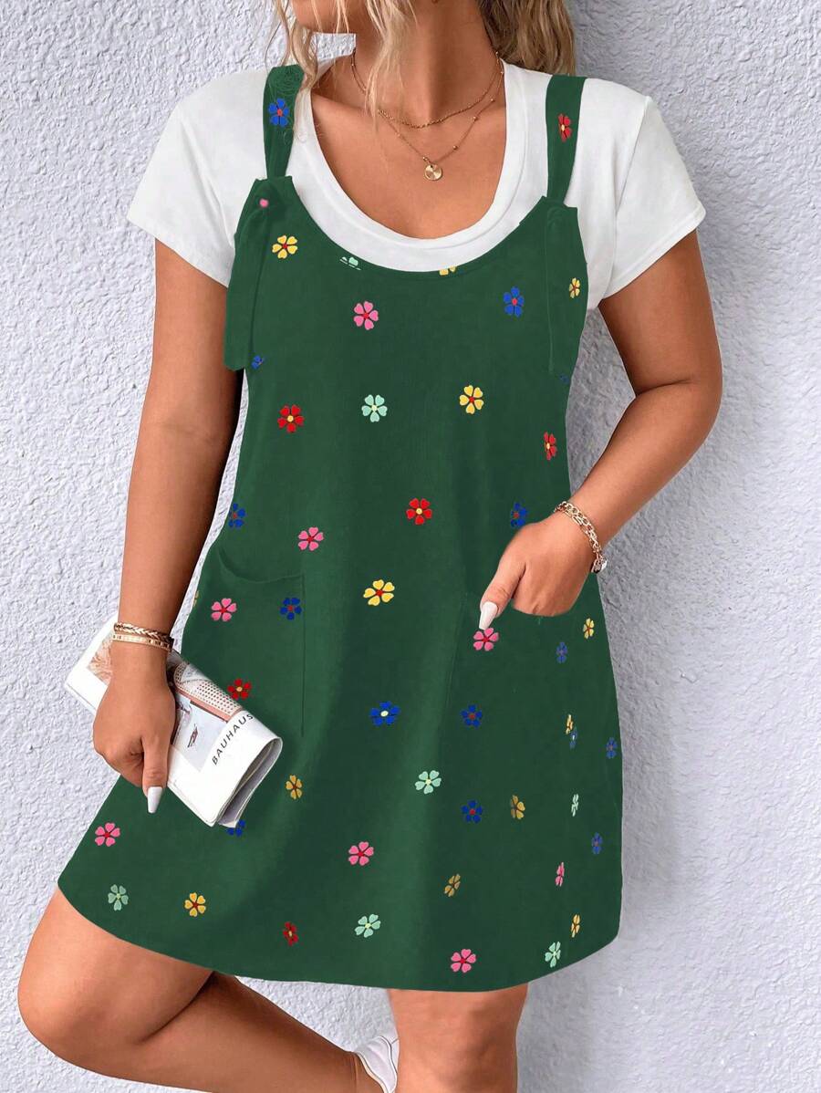Calvaya Plus Floral Print Overall Dress Without Tee - Dark Green - View 1
