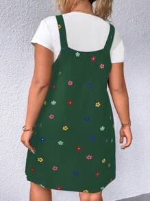Calvaya Plus Floral Print Overall Dress Without Tee - Dark Green - View 2